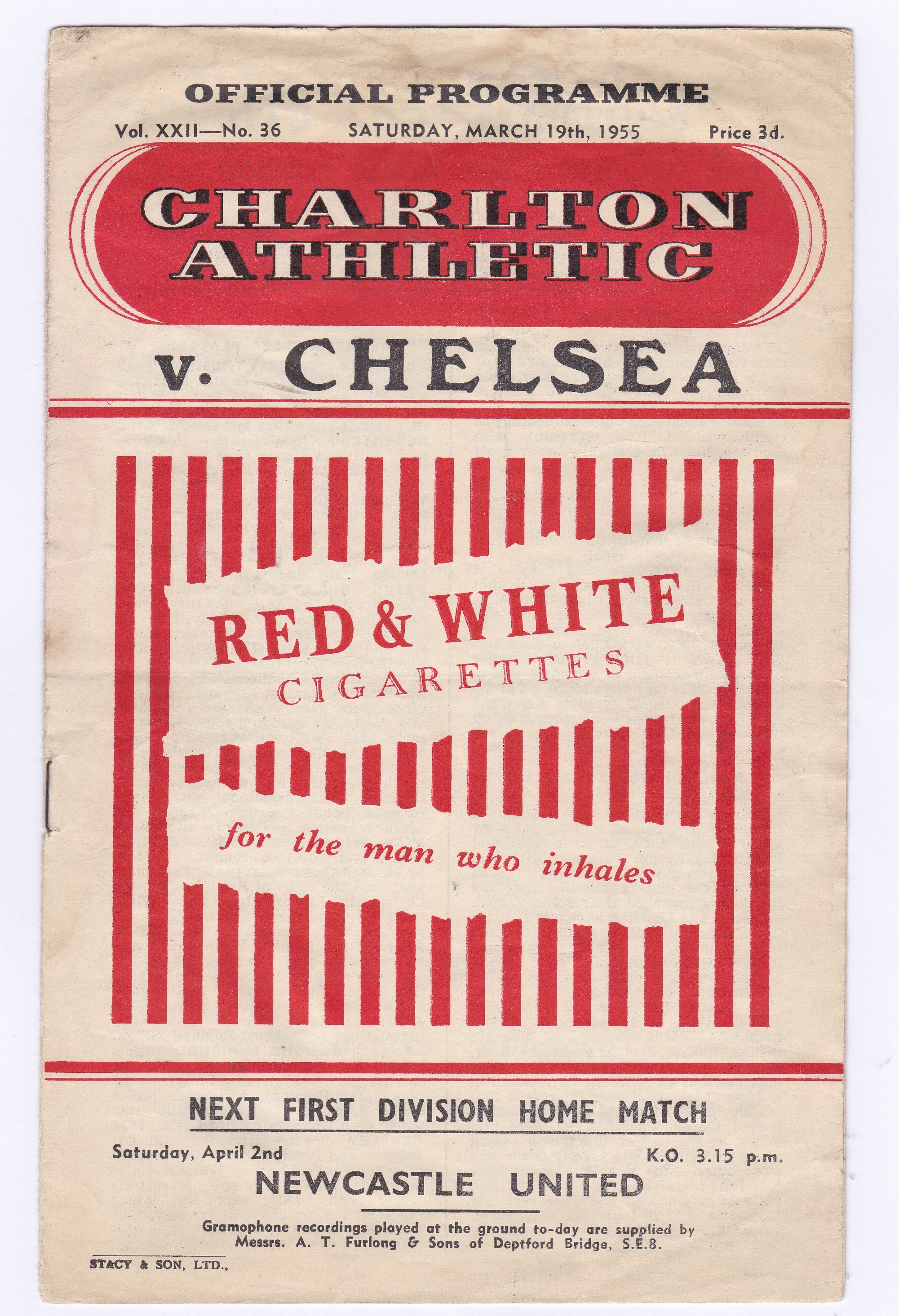 Charlton Athletic v Chelsea 1955 March 19th Div. 1 back cover top left corner missing