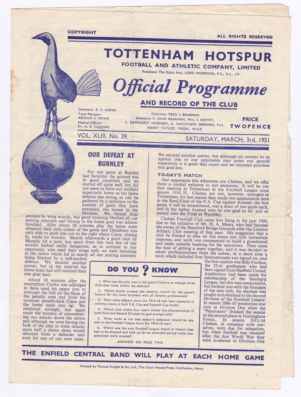 Tottenham Hotspur v Chelsea 1951 March 3rd Div. 1 horizontal & vertical creases