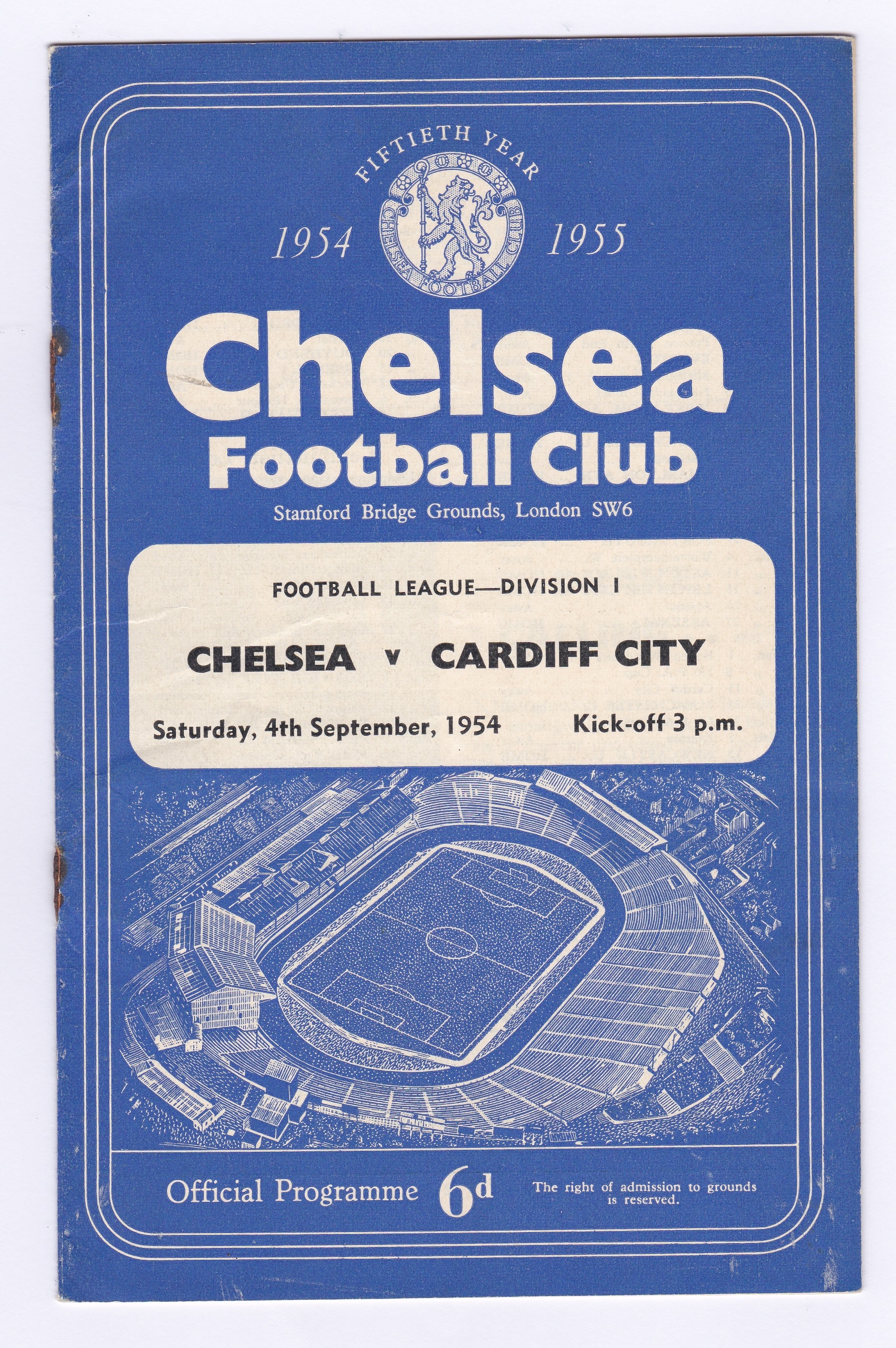 Chelsea v Cardiff City 1954 September 4th Div.1 vertical crease rusty staple score & team changes in