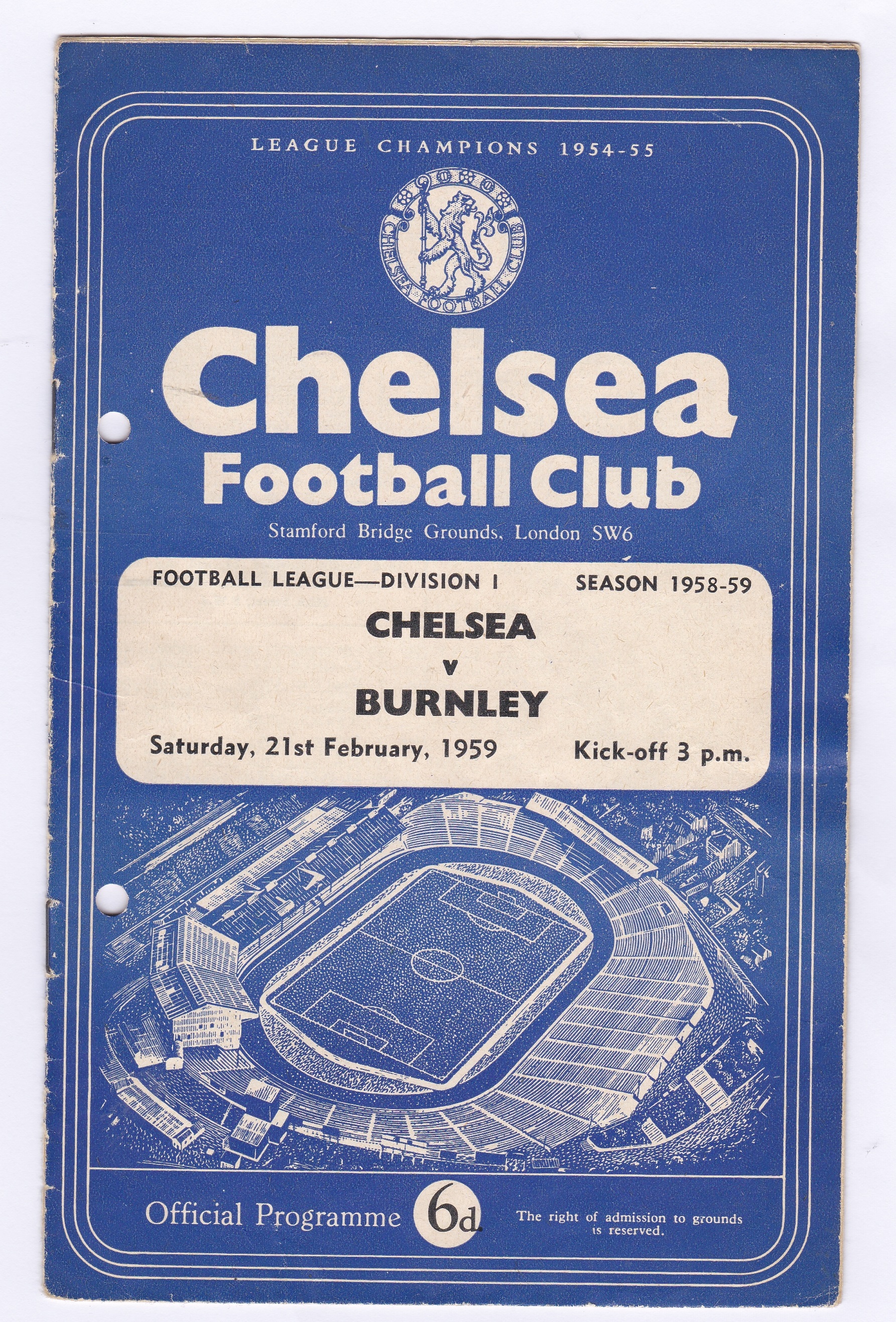 Chelsea v Burnley 1959 February 21st Div. 1 hole punched left