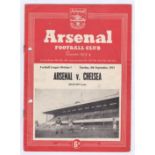 Arsenal v Chelsea 1953 8th September League Division 1 team change in pencil hole punched left