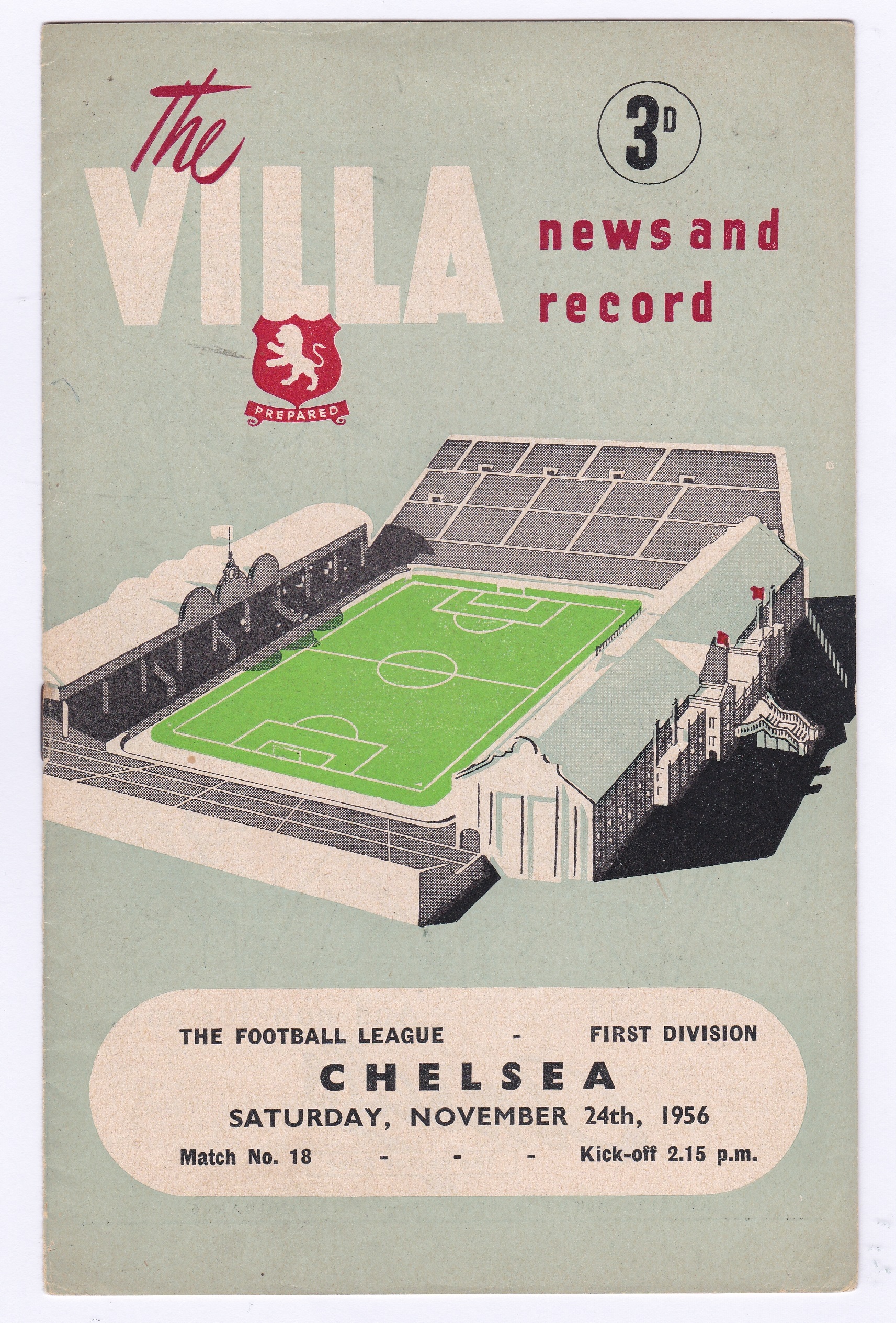 The Villa News & Record Chelsea v Aston Villa 1956 November 24th Div. 1 rusty staple