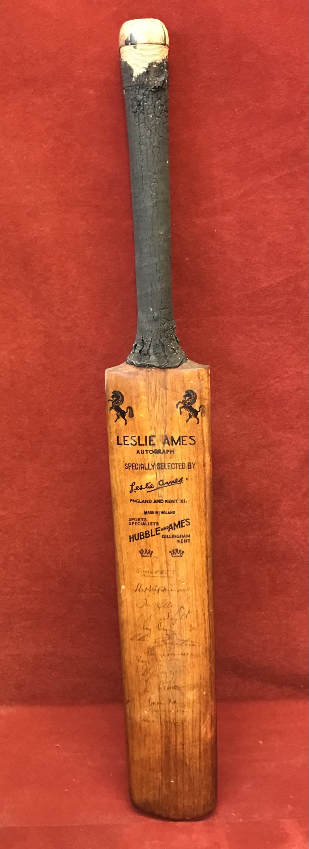 Cricket bat, a Leslie Ames Autograph bat with West Indies including L H King, Basil Butler etc,