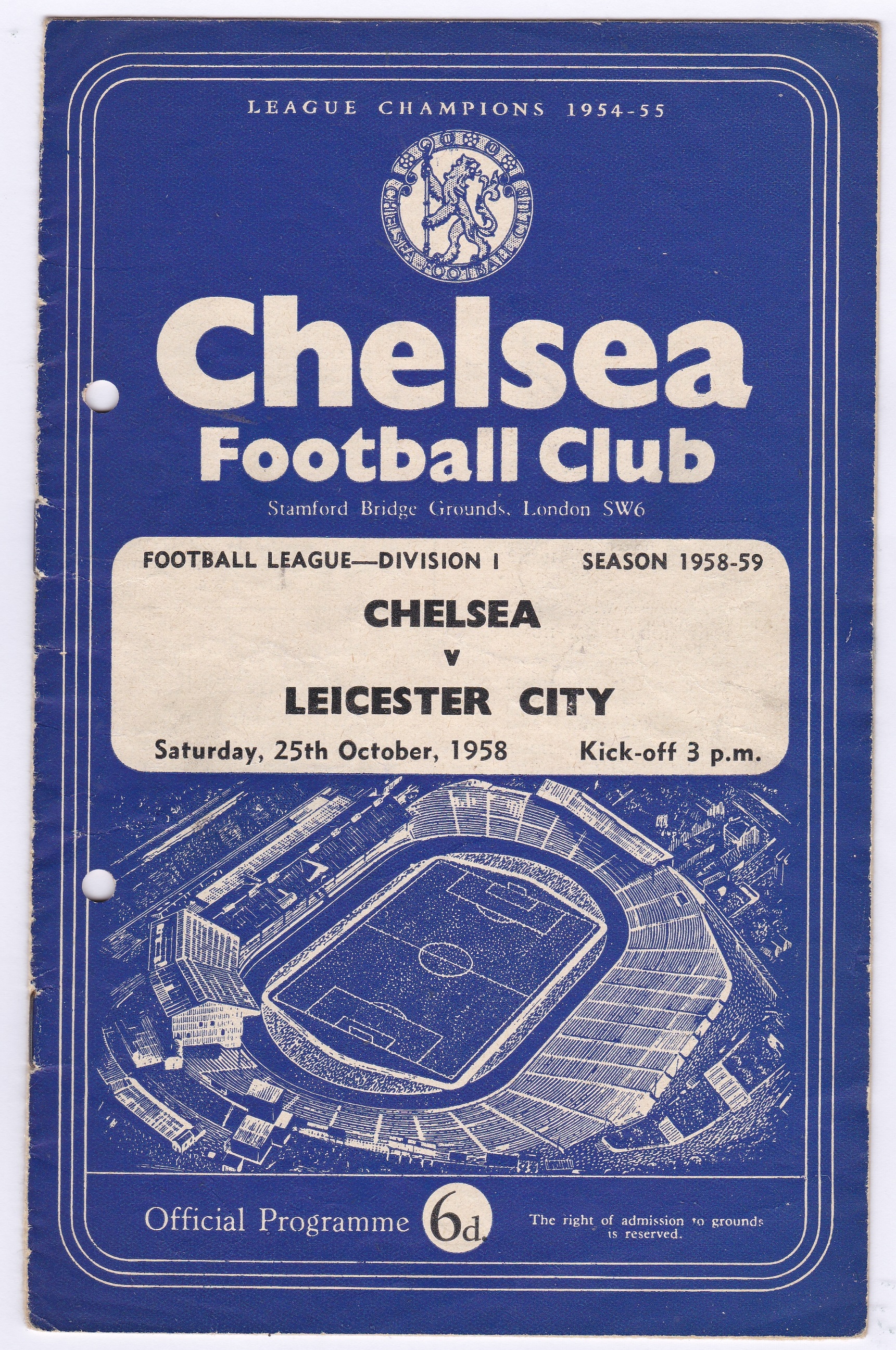 Chelsea V Leicester City 1958 October 25th Div. 1 team change in pen hole punched left