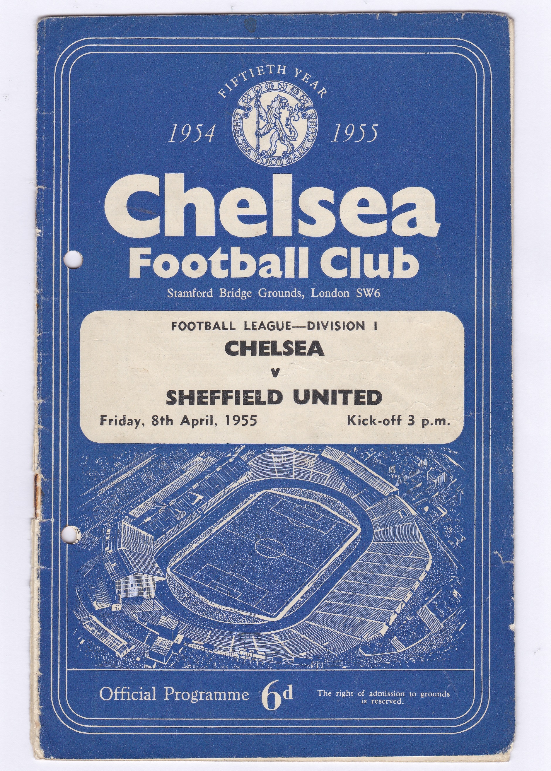 Chelsea v Sheffield United 1955 April 8th Div. 1 rusty staples hole punched left