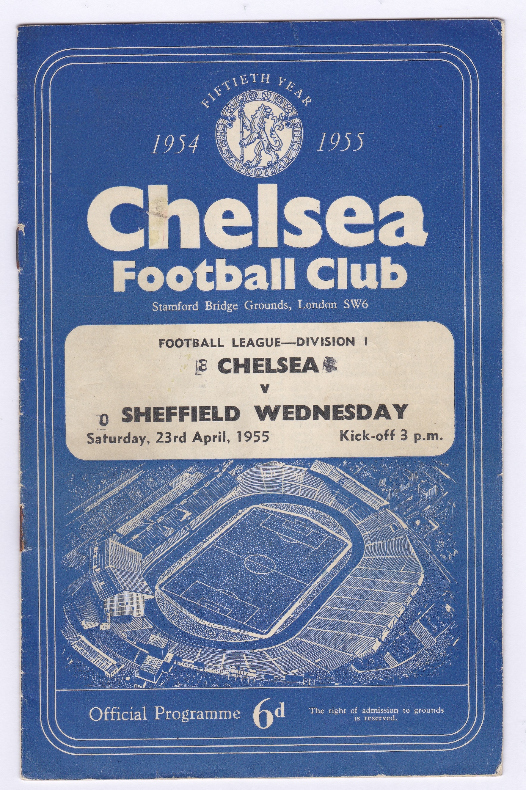 Chelsea v Sheffield Wednesday 1955 April 23rd Div. 1 ink score on front cover