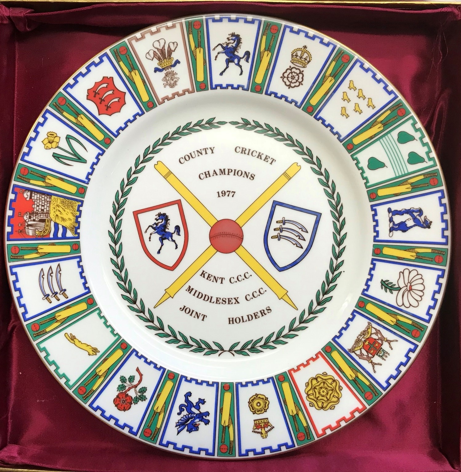 Kent and Middlesex 1977 County Cricket Champions (Joint holders) Coalport 10.5" Commemorative Plate,
