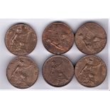 GB farthings 1919, 1921, 1923, 1924, 1925, 1926 (6) all with much lustre.