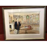 A watercolour by TARR with an MCC tie wearing cricket collector surrounded by cricket memorabilia