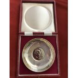 Silver hallmarked ashtray with Churchill crown inset, quality box, 9.4cms, total weight 70gms