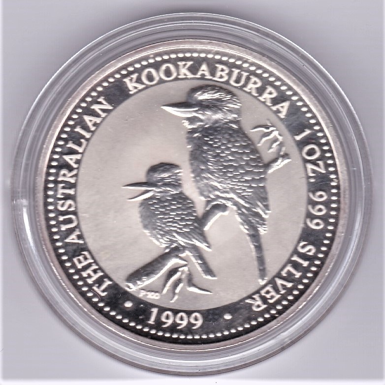 Australia 1999 silver proof dollar kookaburra and young on a branch