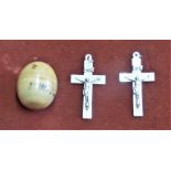 Two Crosses with mother of pearl facings and a rosary housed in small treen egg