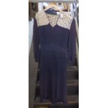 Ladies 1920/30's Navy blue Silk/Velvet Crepe Dress with White Floral Nottingham Lace Collar, in good
