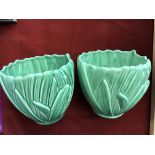 Vintage Sylvac ‘Hyacinth’ Design Ceramic Jardinière or Cachepot No. 2489 in Green Vase Pair, both in