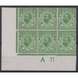 GB George V 1911 1/2d Yellow Green Die 1b perf 2 All close block of six lightly hinged on one