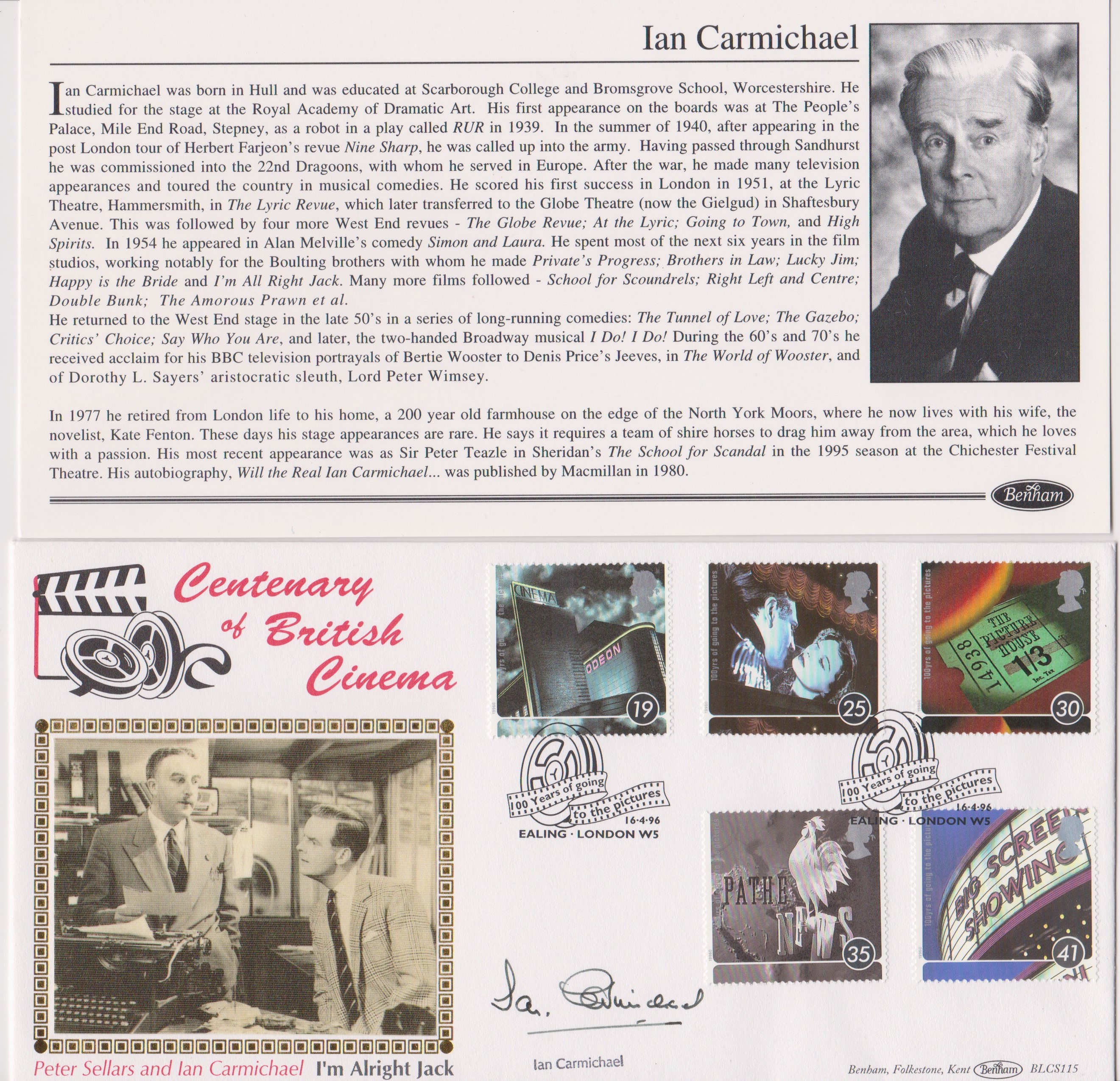 Great Britain 1996 (16 April) Centenary of British Cinema, signed by Ian Carmichael with Ealing h/s,