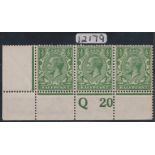 GB George V 1913 1/2d Deep Bright Green N 14 (7) Q 20 strip of 3 with D Brandon cert, unmounted mint