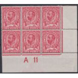 GB George V 1911 Carmine with varieties N8 (1) h + j block of 6 all control mounted on top, rest