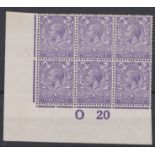 GB George V 1913 3d Violet 020 Control Block of 6, unmounted mint, N 22 (3) f variety “extension