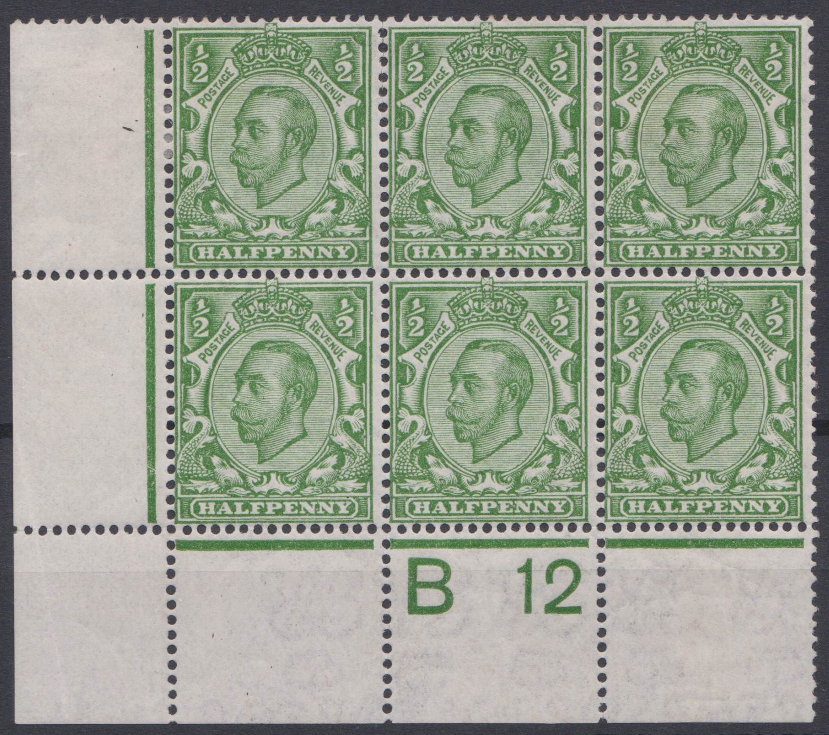 GB George V 1912 1/2d Green Inverted WMK B12 perf 2A scarce 3 unmounted bottom row cat £100 +