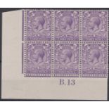 GB George V 1912 3d Dull Reddish Violet B 13 Control Block of 6, 5 unmounted mint N 22 (2) cat £122