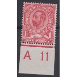 GB George V 1911 1d Carmine Red variety N7 (1) K “pale area by lions paws” lightly hinged mint