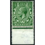 GB George V 1912/22 1/2d Deep Cobalt Green N 14 (18) with copy of RPS cert when in strip of 12, fine