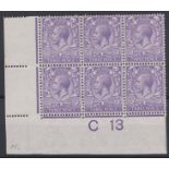 GB George V 1912 3d Dull Reddish Violet C13 Control Block of 6 3UM/3MM, N 22 (2) cat £102