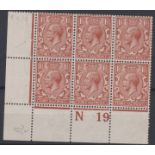 GB George V 1912 1 1/2d Pale Red Brown control N 19, block of 6, N 18 (2) unmounted mint cat £90 +