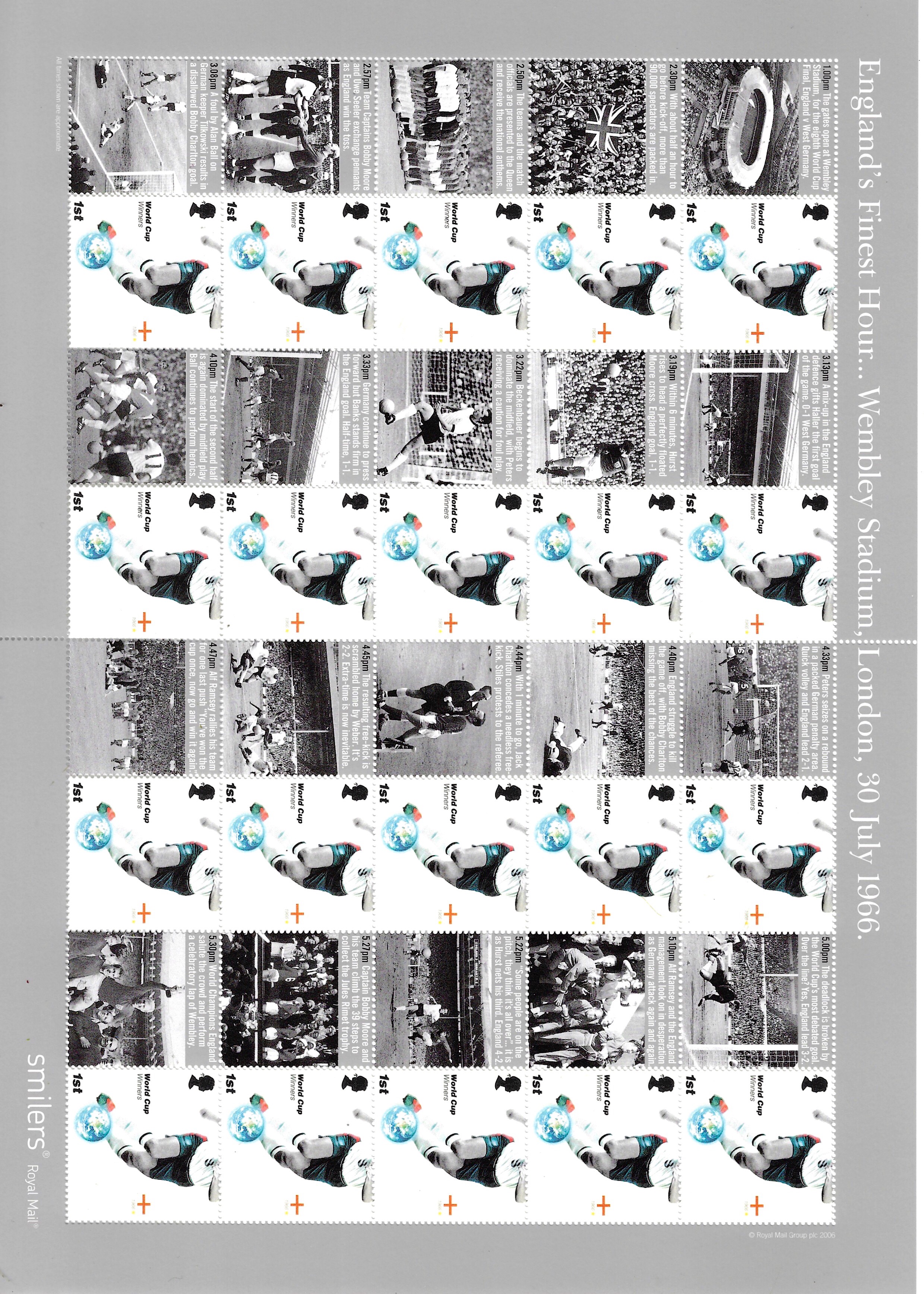 GB 2006 World Cup football Royal Mail Smiler’s sheet, England's finest hour Wembley 1966, LS 31, 20x