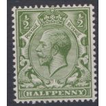 GB George V 1913 1/2d Pale Olive Green N 14 (13) unmounted mint cat £150