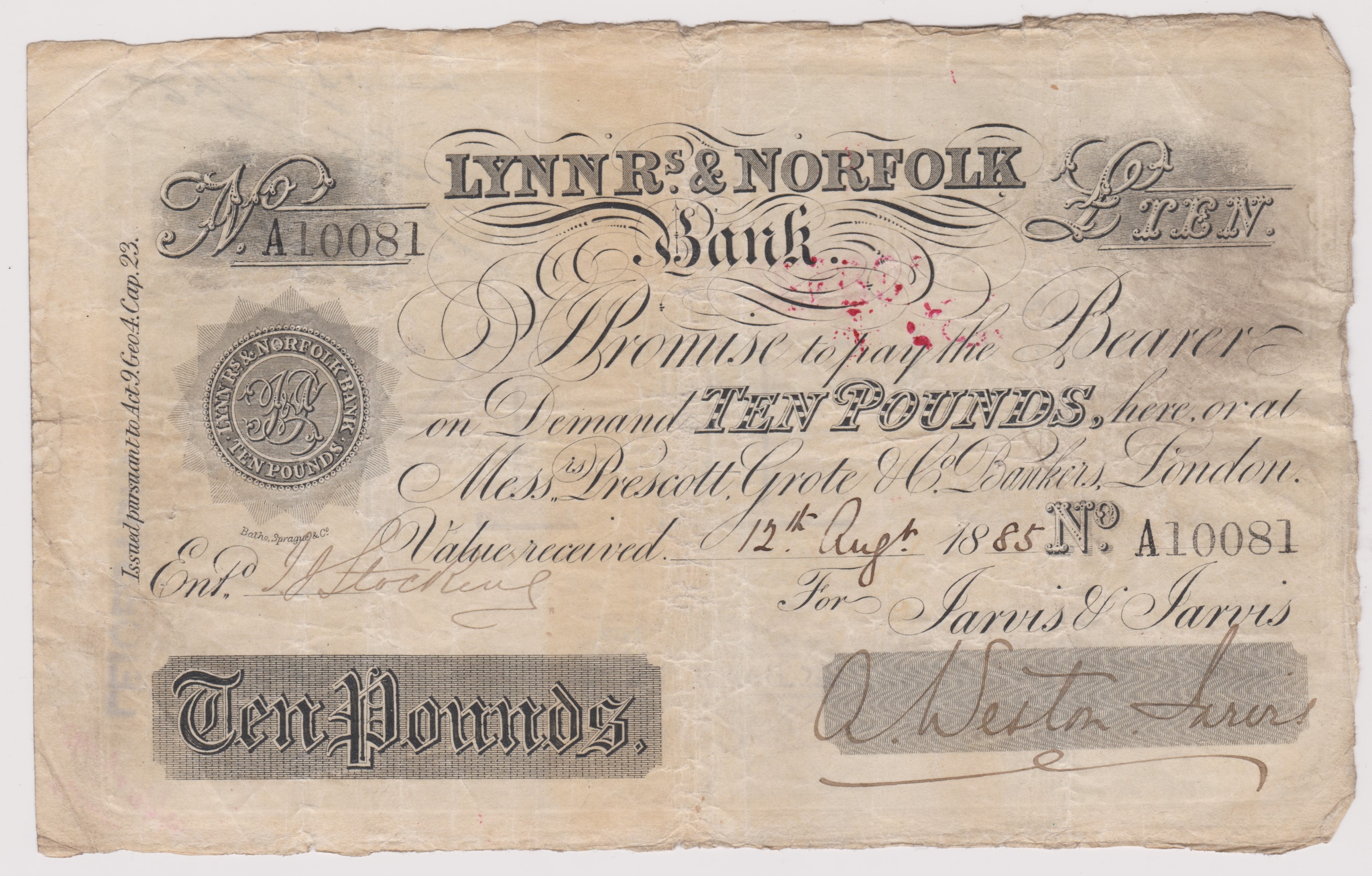 1885 £10 Lynn R's & Norfolk bank (Weston Jarvis) Stoke Ferry datestamp, good fine