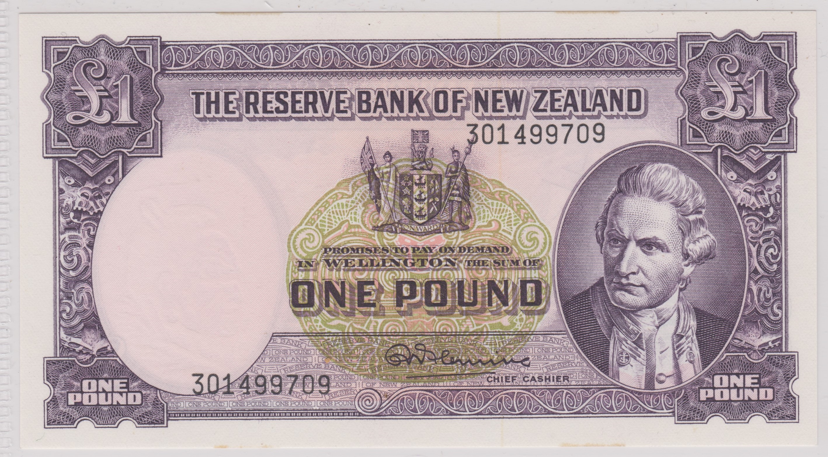 New Zealand 1956-67 (ND) One Pound Purple Captain Cook at right, Fleming P159c AUNC - Image 3 of 3