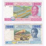 Central African States 2002 1000 & 2000 Francs, Ref 207 & 208. Both Fine