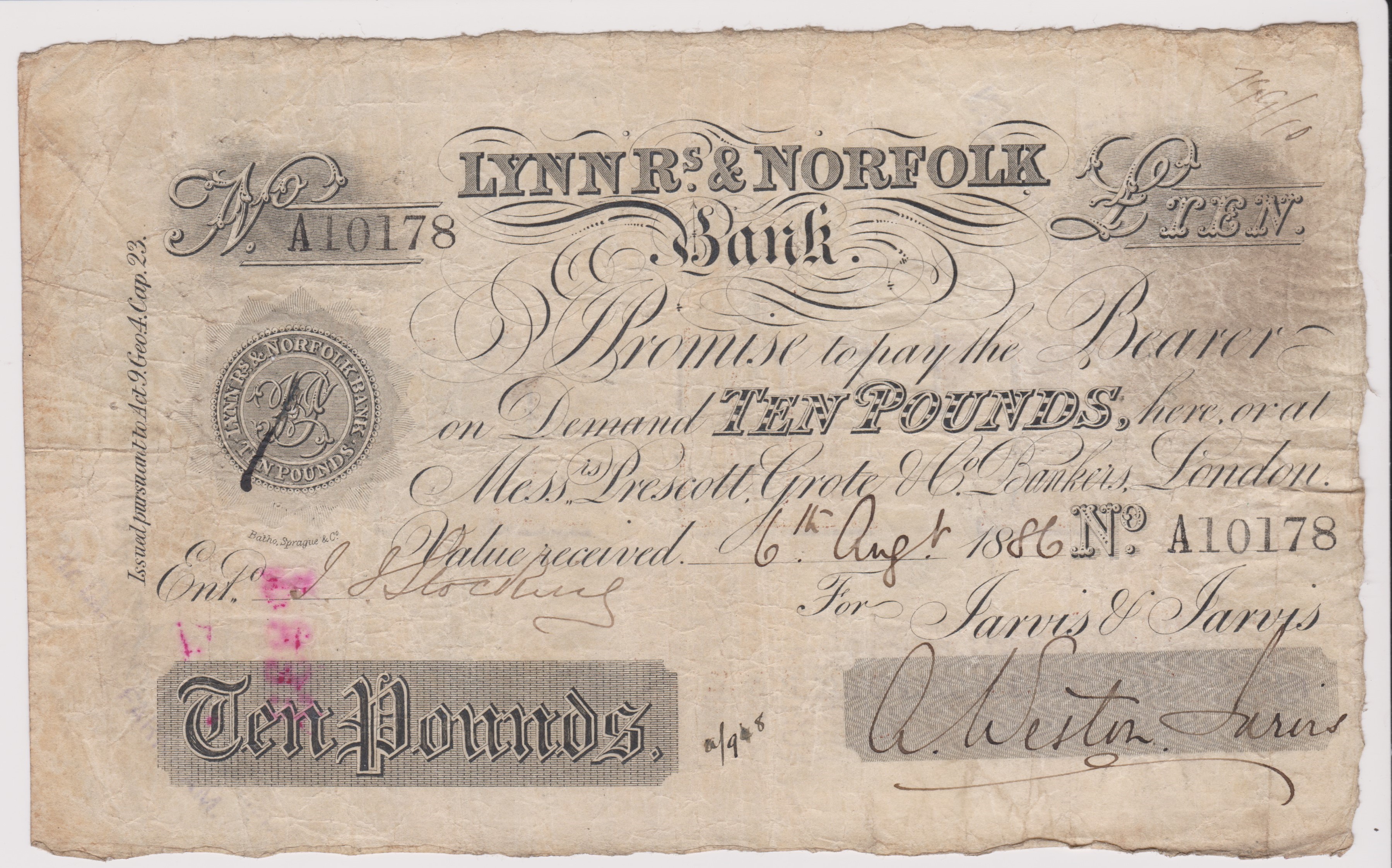1886 £10 Lynn R's & Norfolk bank. AVF Signed Weston Jarvis - Image 3 of 3