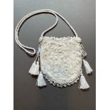 Antique Irish Crochet Bag, cotton lined in linen, 16cm x 15cm