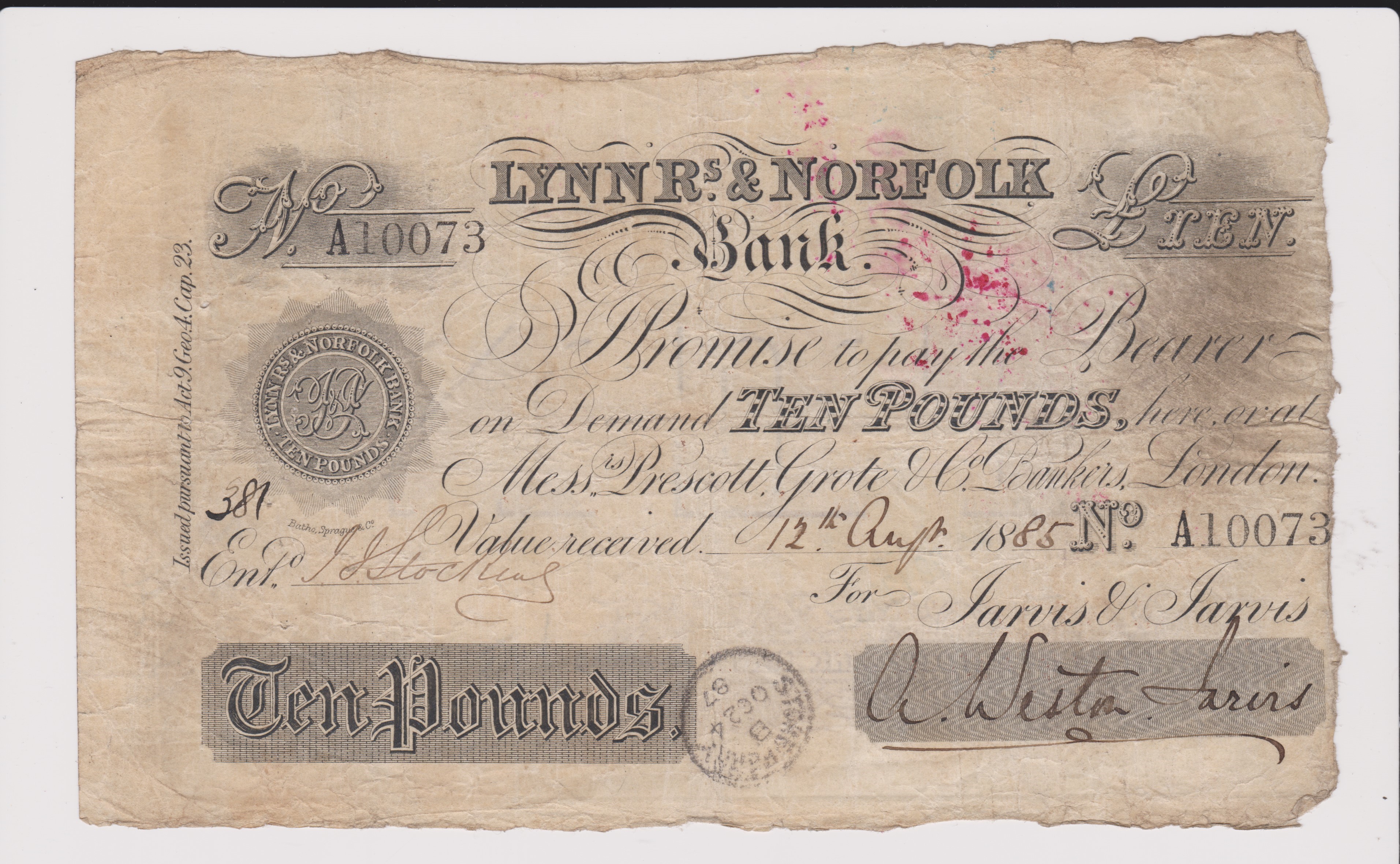 1885 £10 Lynn R's & Norfolk bank. Fine Signed Weston Jarvis - Image 3 of 3