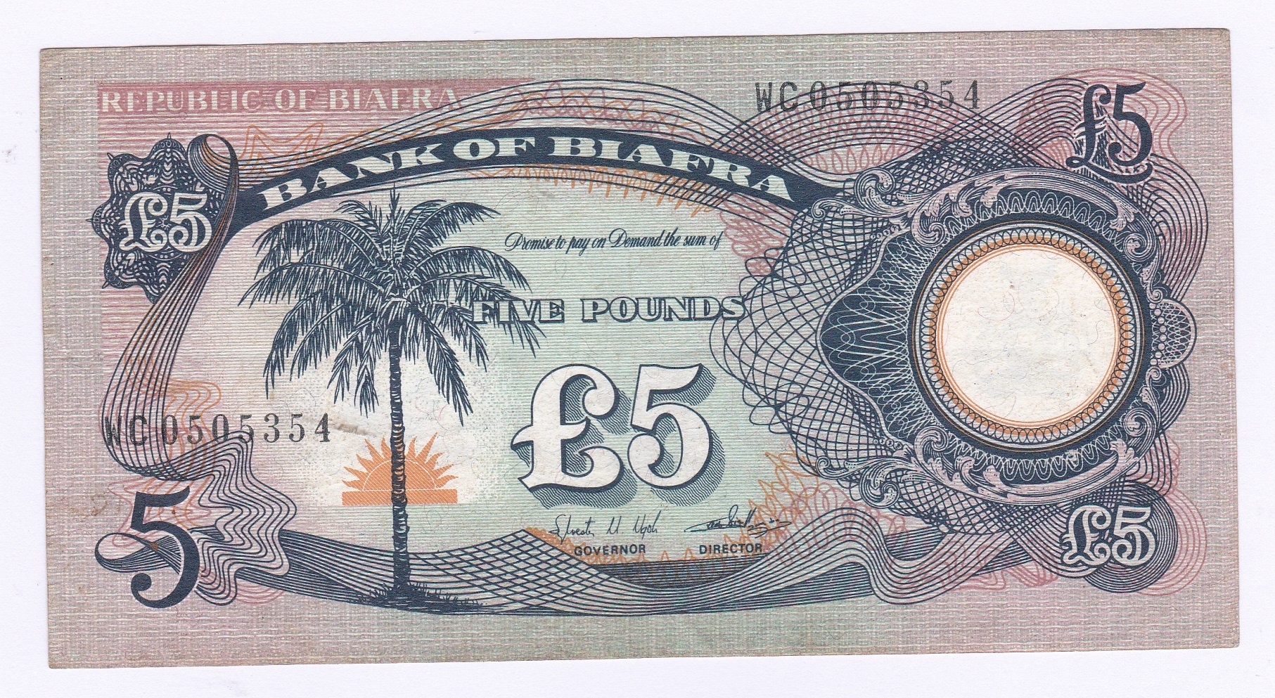 Biafra - 1968/9 (ND) 5 Pounds Ref: P6a, Grade VF+.