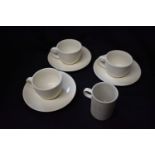 German WWII Mess Hall Cups and Saucers with one Coffee Mug, three pairs with matching stamps of "