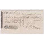 Cheque 1845 Bank of England - London, used bearer, black on white.