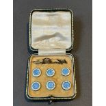 Blue Enamel Button Studs (Set of 6) in case, shank back, white metal