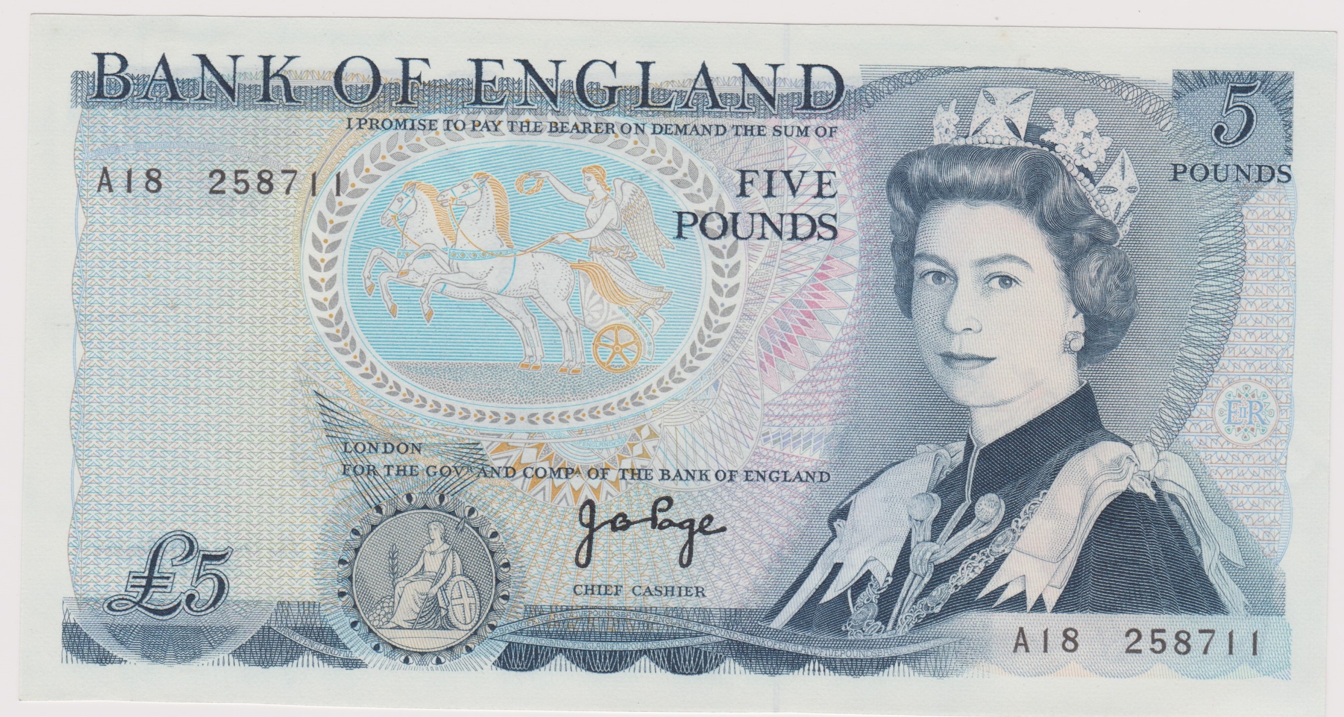 1971 £5 JB Page, prefix A18, BE 108B AUNC