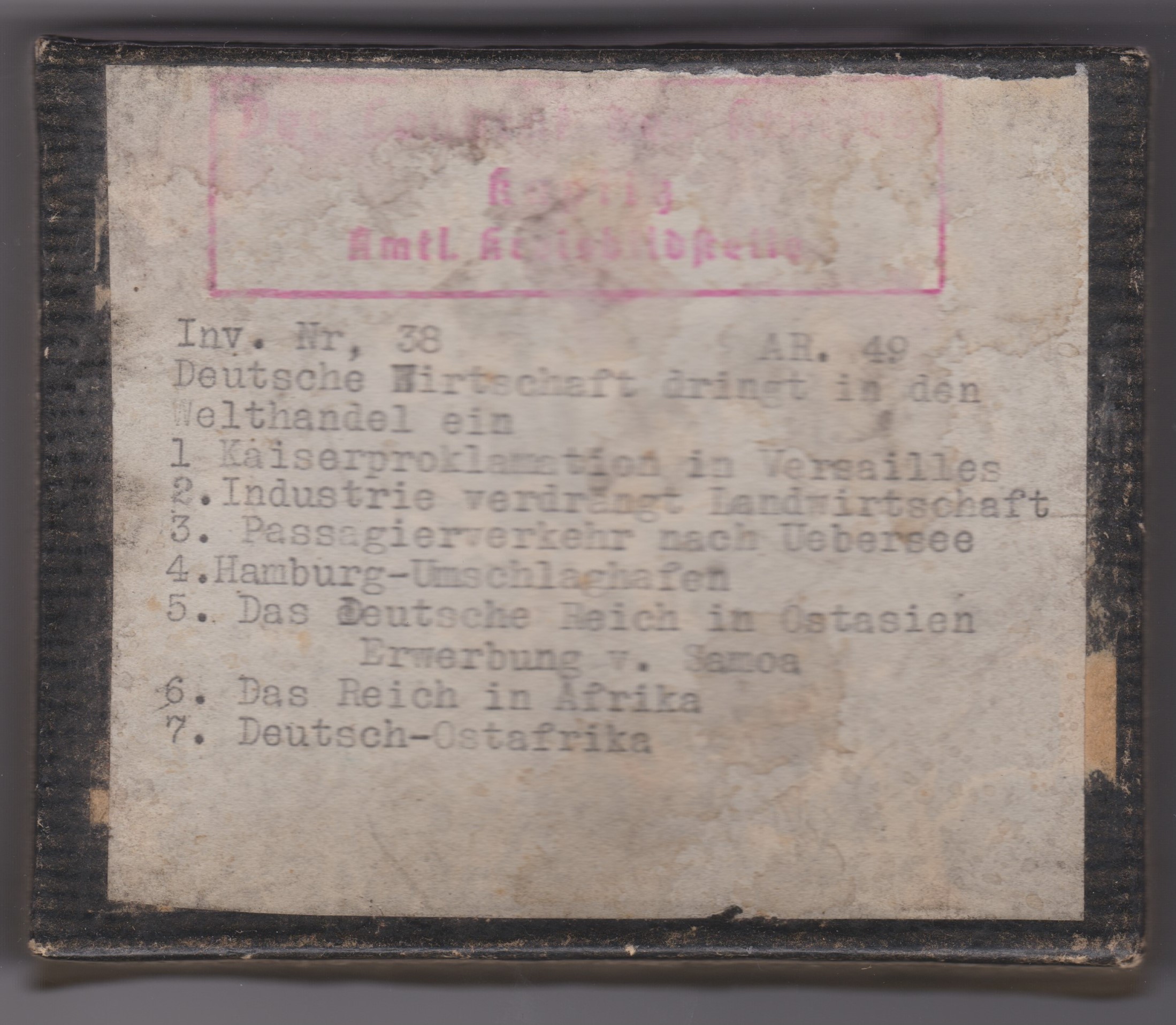 German 1938 box of Glass slides (four out of nine) 'RFDU' Series No. 38 by Dr Franz Stoedtner on the