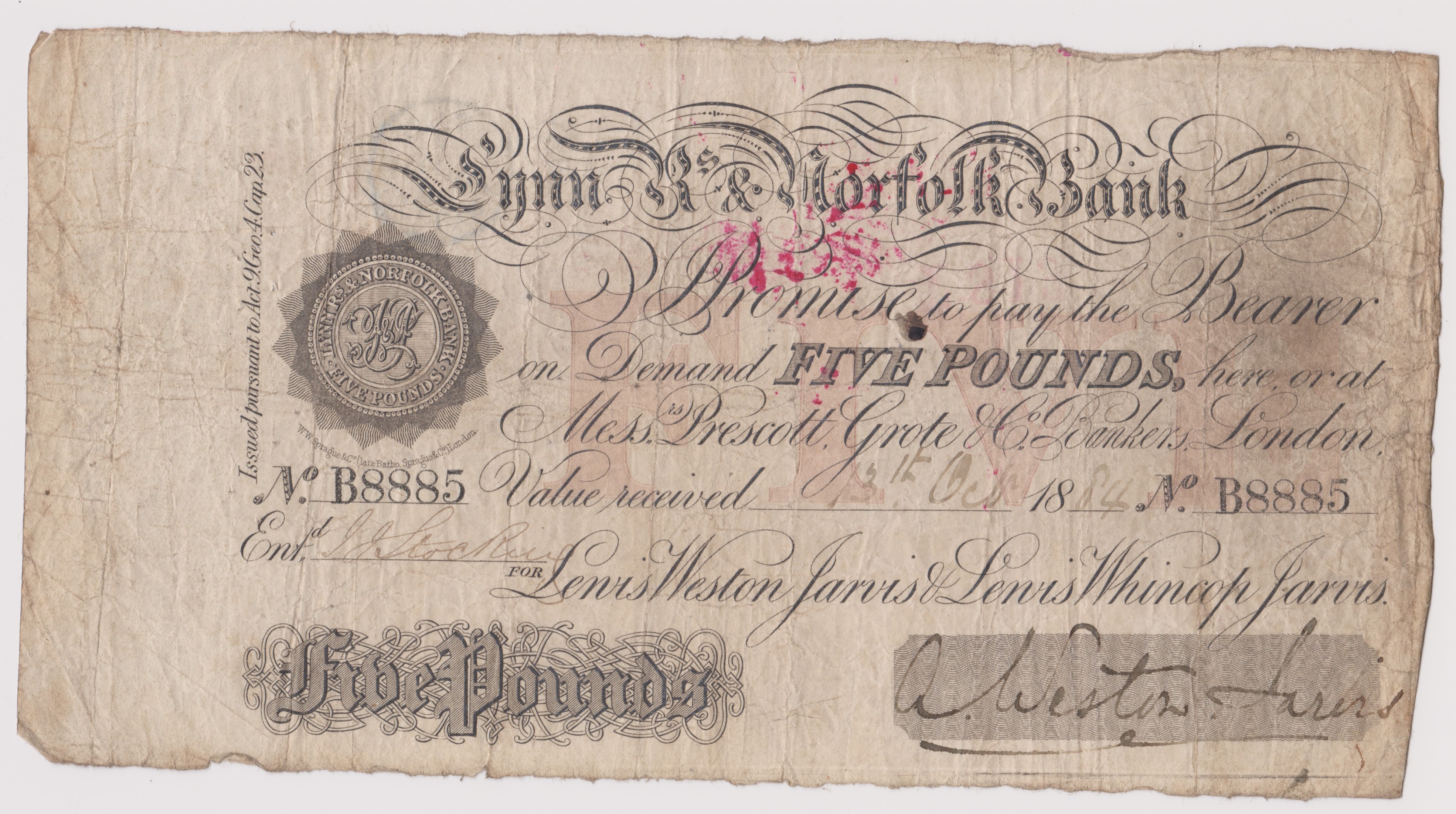 1884 £5 Lynn R's & Norfolk bank (Weston Jarvis) Fine - Image 3 of 3