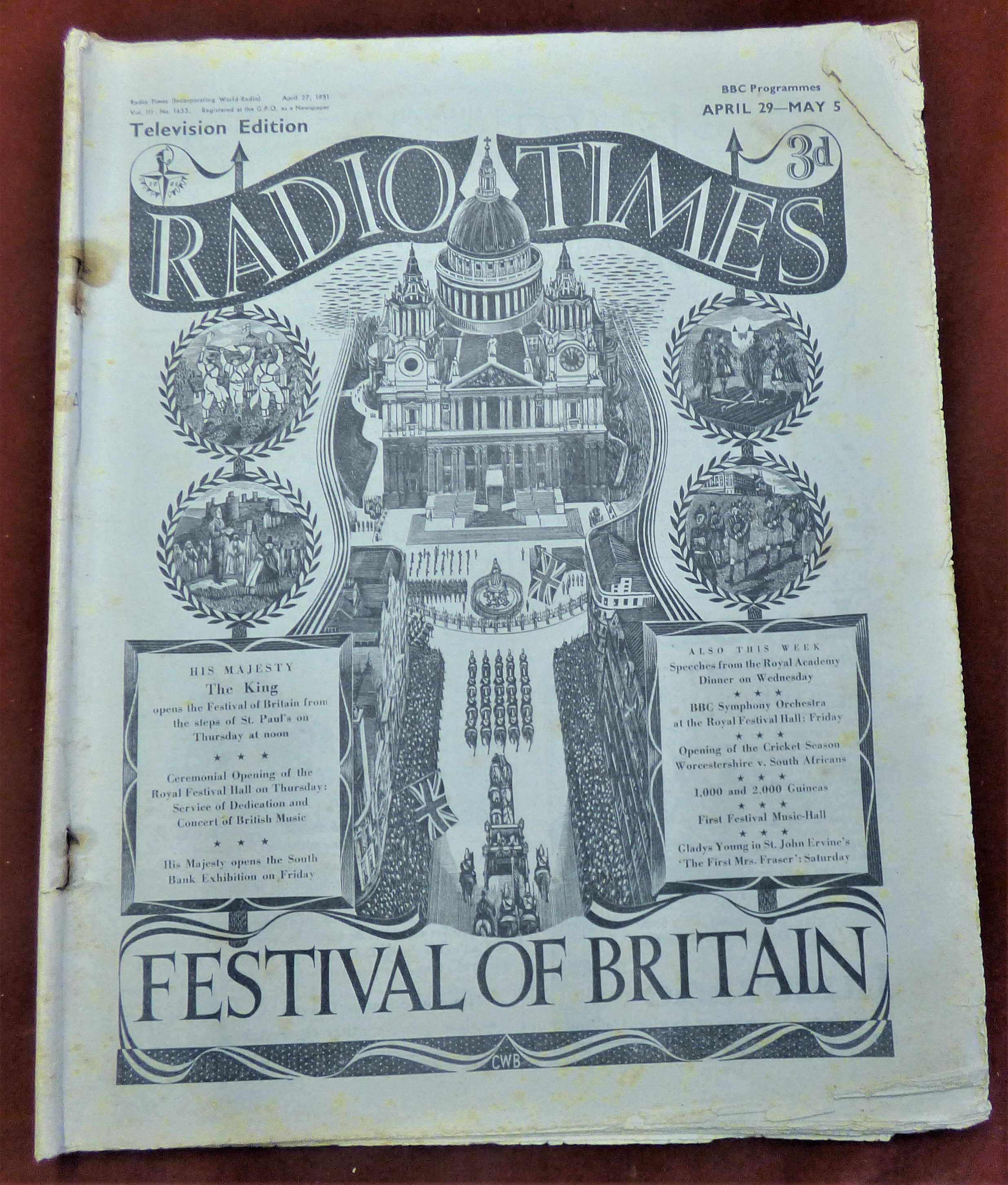 1951 Festival of Britain Radio Times April 29 - May 5, Television Edition in fair condition, quite