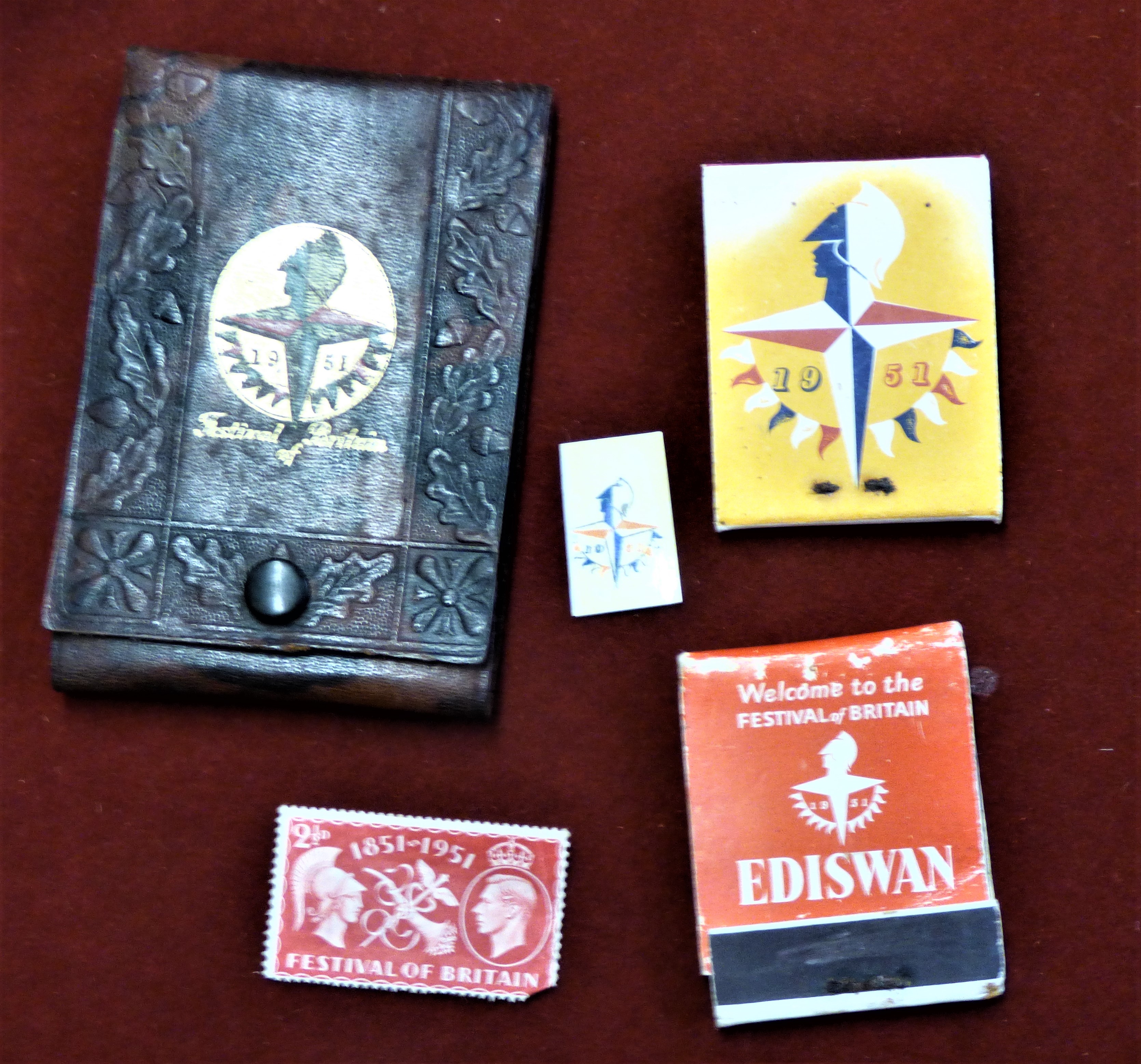 1951 Festival of Britain Matches (2) and leather pocket book for shopping lists. (3 items in total)