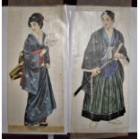 Japanese 1880s Paintings on silk, two finely detailed with a Kimono and Samurai, and four larger