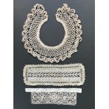 19th century hand crochet collar and 2 lace panels, 1x Maltese lace, 1x crochet and embroidery