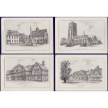 Prints (4) of line drawings of Market Cross Church, Guildhall and buildings in Lavenham, Suffolk (