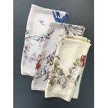 Trio of botanical scarves, florals and birds, pale colours, 1940/50s, 2 silk and 1 acetate
